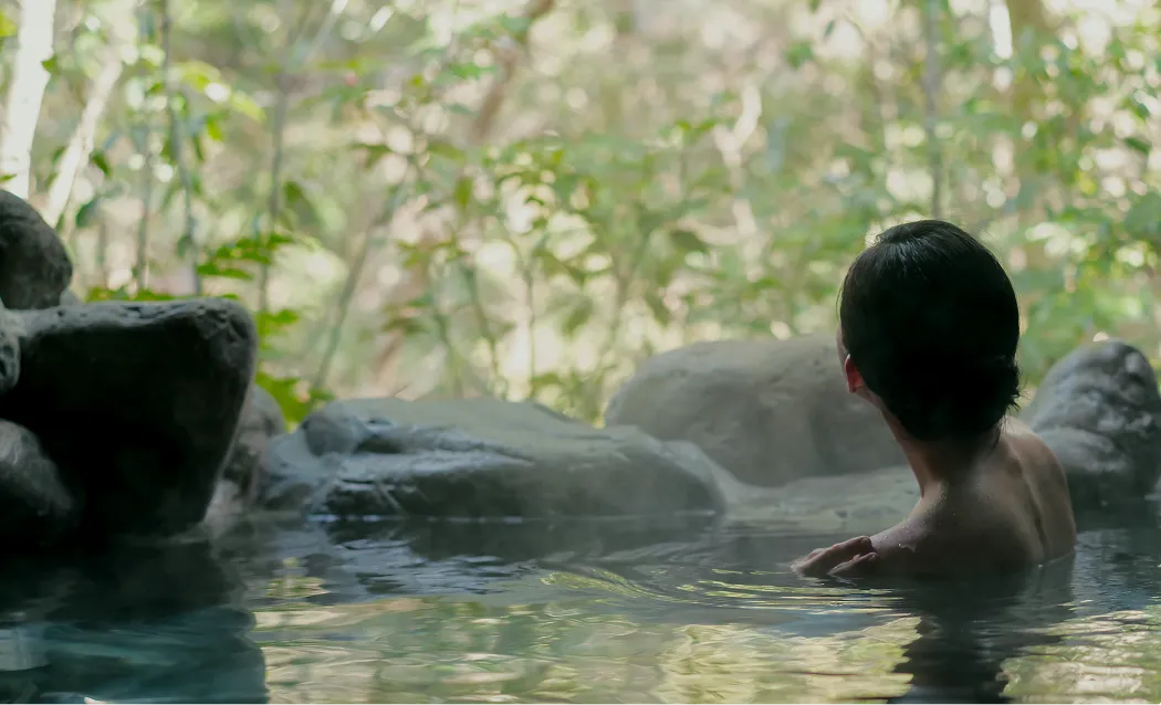 自然に囲まれた露天風呂に女性が静かに浸かっています。