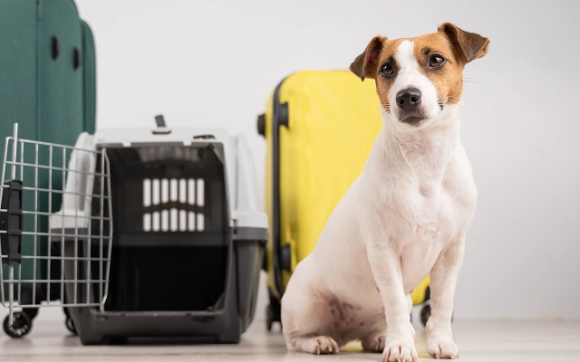 ジャック・ラッセル・テリアがペット用キャリーとスーツケースの横に座っています。