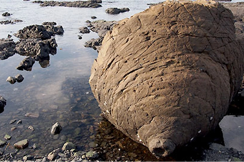 波打ち際に、表面にひび割れがある巨大な球体の岩が置かれています。